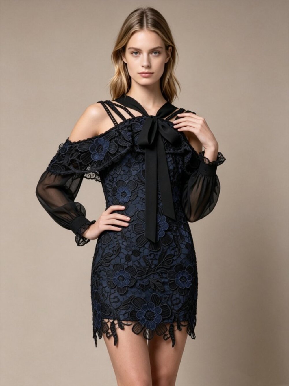 NWT Self Portrait Navy 3D Cold Shoulder Floral Guipure LACE Mini Dress Sz 8